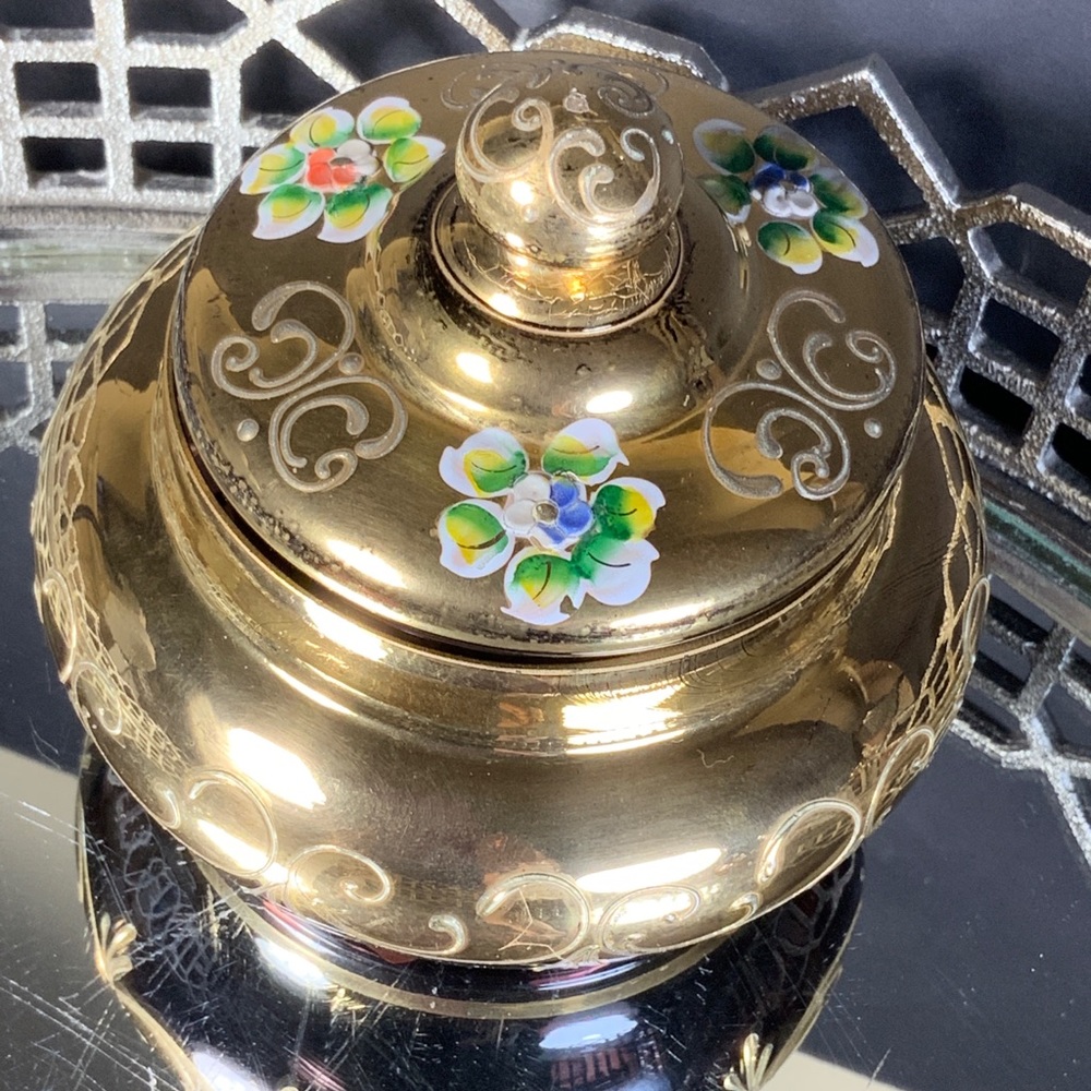 Czech Bohemian Powder Jar Purple Gold Gilt Art Glass Box Flowers Elegant #A23 - Picture 2 of 10